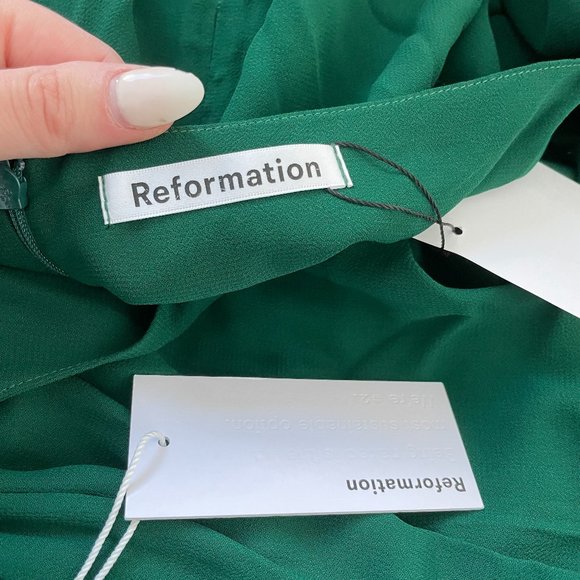 Reformation Midleton Dress Emerald Green Open Back Mock Neck Puffed Sleeves - Picture 4 of 11